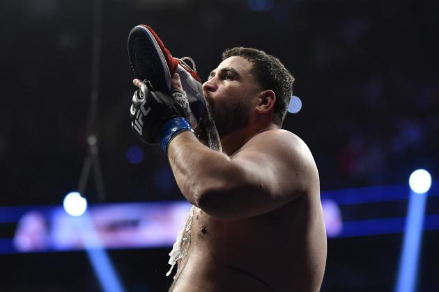 LAS VEGAS, NEVADA - DECEMBER 11: Tai Tuivasa of Australia celebrates after defeating Augusto Sakai of Brazil in their heavyweight bout during the UFC 269 on December 11, 2021 in Las Vegas, Nevada. (Photo by Chris Unger/Zuffa LLC)