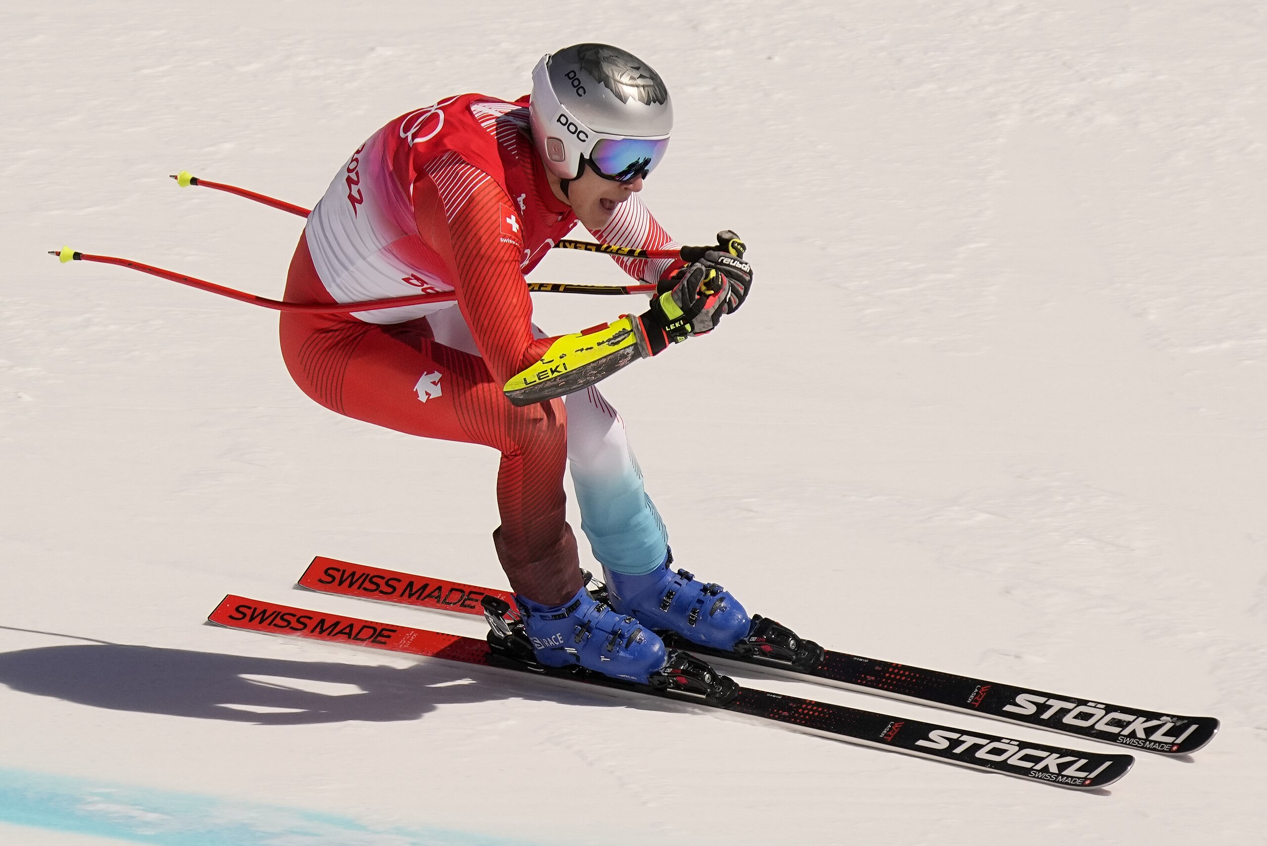 Marco Odermatt of Switzerland makes a turn during the men's super-G at the 2022 Winter Olympics, Tuesday, Feb. 8, 2022, in the Yanqing district of Beijing. (AP Photo/Robert F. Bukaty)