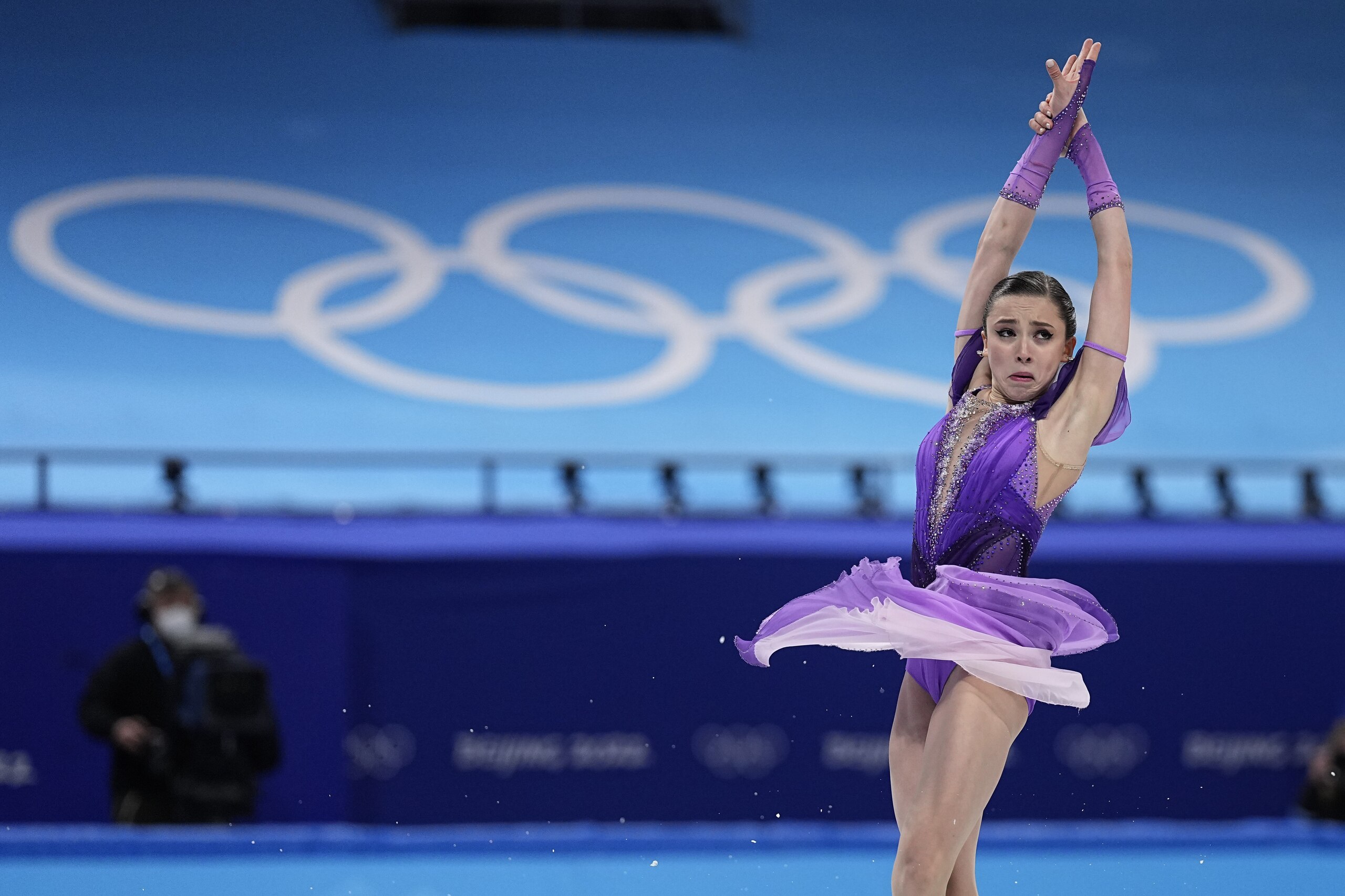 Kamila Valieva, of the Russian Olympic Committee, competes in the women's short program during the figure skating at the 2022 Winter Olympics, Tuesday, Feb. 15, 2022, in Beijing. (AP Photo/David J. Phillip)