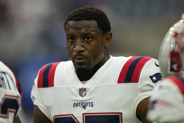 New England Patriots cornerback J.C. Jackson warms up before an NFL football game against the Houston Texans Sunday, Oct. 10, 2021, in Houston. (AP Photo/Eric Christian Smith)