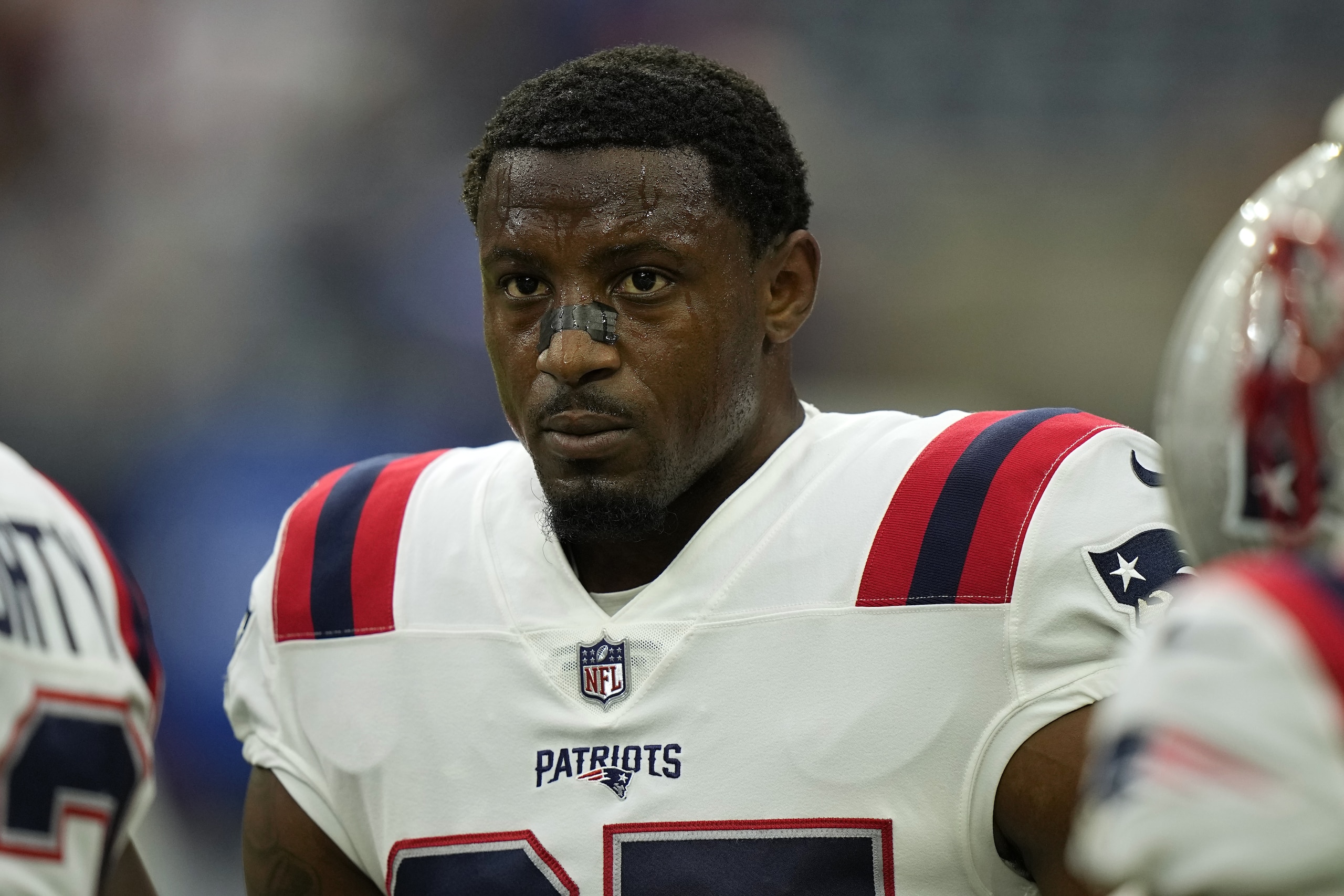 New England Patriots cornerback J.C. Jackson warms up before an NFL football game against the Houston Texans Sunday, Oct. 10, 2021, in Houston. (AP Photo/Eric Christian Smith) New England Patriots cornerback J.C. Jackson warms up before an NFL football game against the Houston Texans Sunday, Oct. 10, 2021, in Houston. (AP Photo/Eric Christian Smith)
