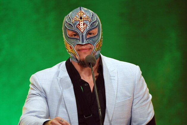 LAS VEGAS, NEVADA - OCTOBER 11:  WWE wrestler Rey Mysterio speaks at a WWE news conference at T-Mobile Arena on October 11, 2019 in Las Vegas, Nevada. It was announced that WWE wrestler Braun Strowman will face heavyweight boxer Tyson Fury and WWE champion Brock Lesnar will take on former UFC heavyweight champion Cain Velasquez at the WWE's Crown Jewel event at Fahd International Stadium in Riyadh, Saudi Arabia on October 31.  (Photo by Ethan Miller/Getty Images)