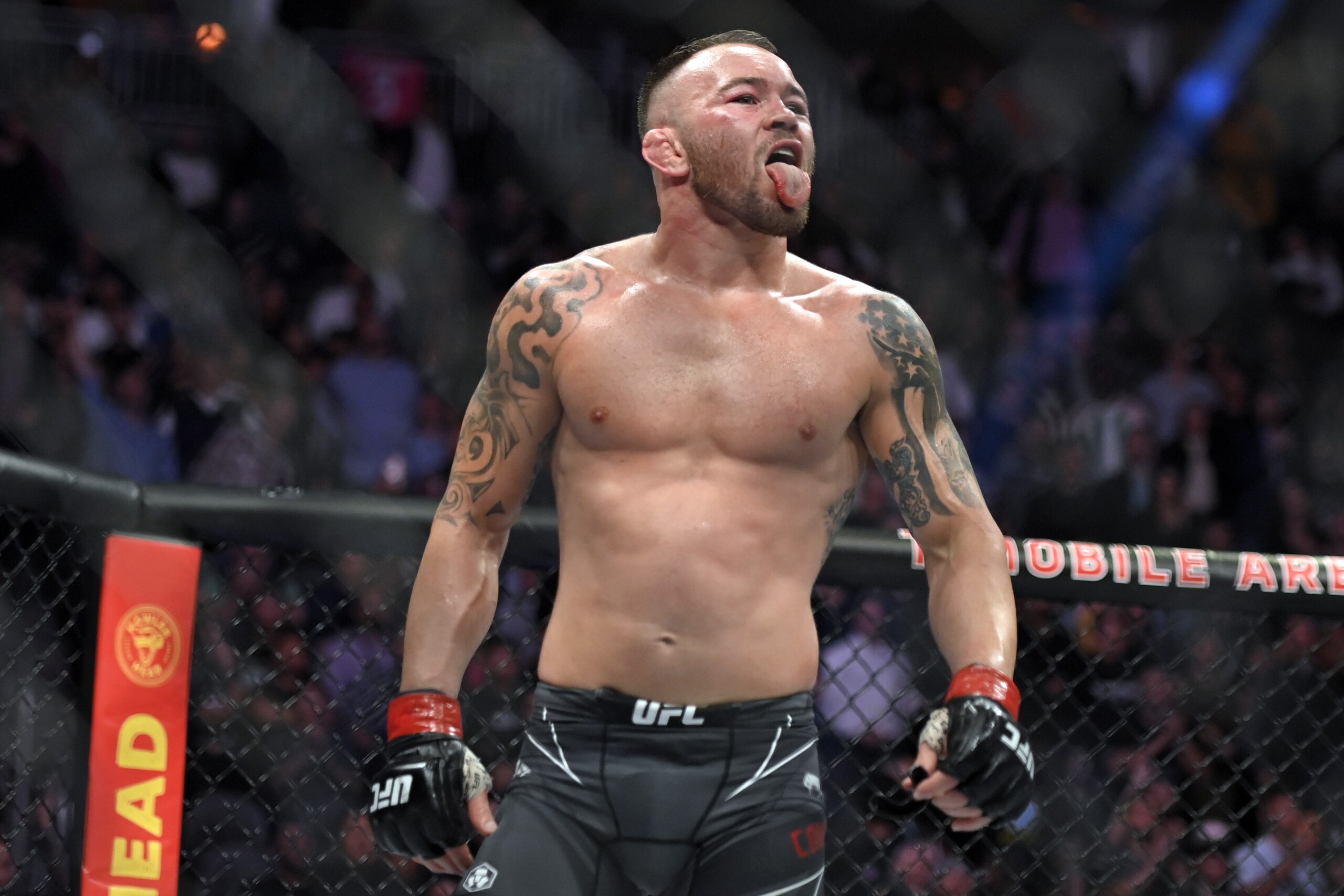 LAS VEGAS, NEVADA - MARCH 05: Colby Covington gestures to Jorge Masvidal after their welterweight fight during UFC 272 at T-Mobile Arena on March 05, 2022 in Las Vegas, Nevada. (Photo by David Becker/Getty Images)