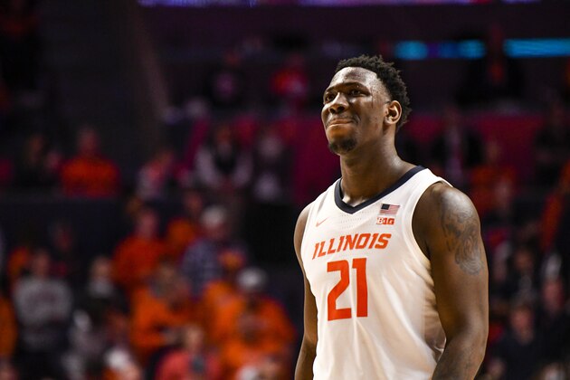 CHAMPAIGN, IL - MARCH 03: Illinois Fighting Illini center Kofi Cockburn (21) looks on during a college basketball game between the Penn State Nittany Lions and the Illinois Fighting Illini on March 3, 2022, at State Farm Center in Champaign, IL. (Photo by Chris Kohley/Icon Sportswire via Getty Images)