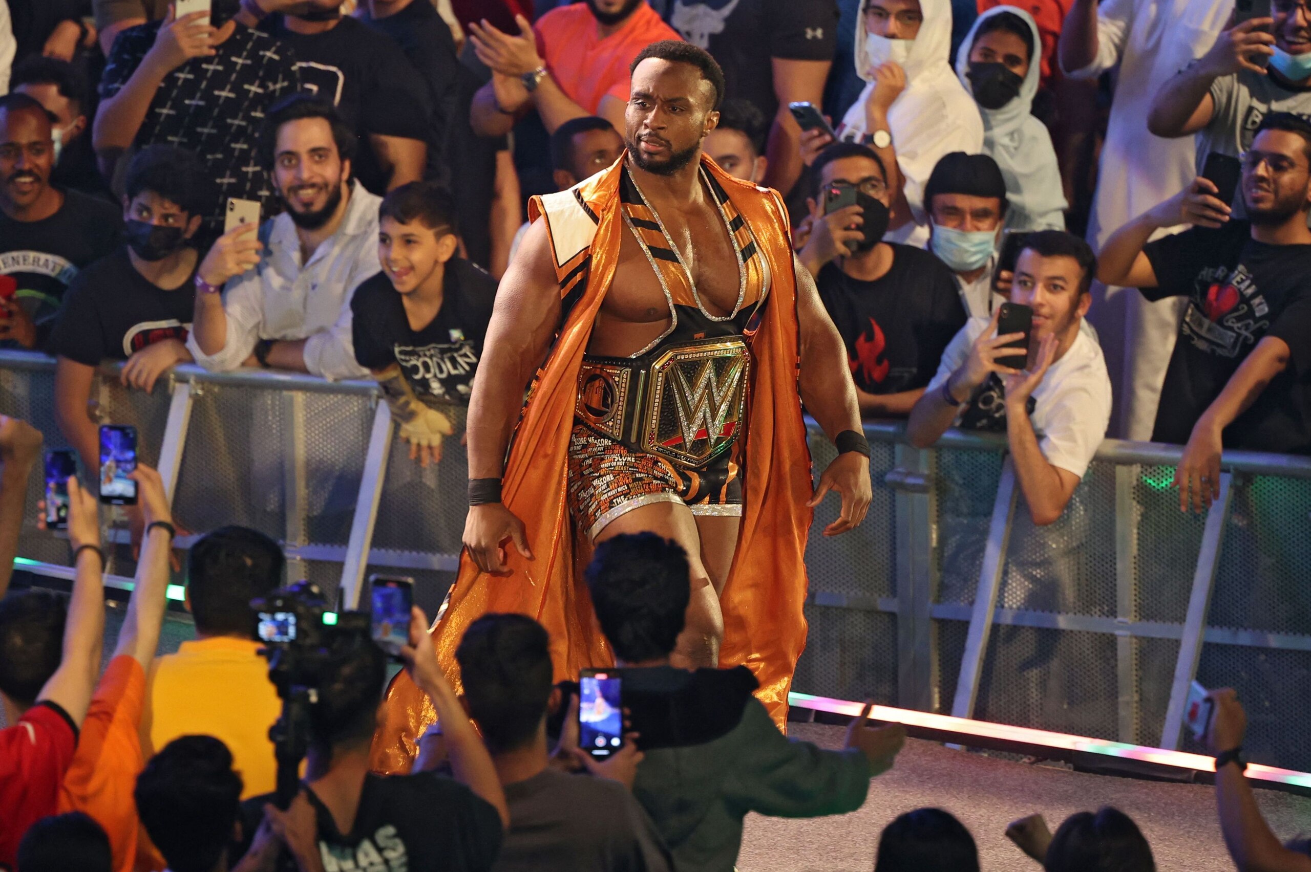 Big E arrives for his match during the World Wrestling Entertainment (WWE) Crown Jewel pay-per-view in the Saudi capital Riyadh on October 21, 2021. (Photo by Fayez Nureldine / AFP) (Photo by FAYEZ NURELDINE/AFP via Getty Images)