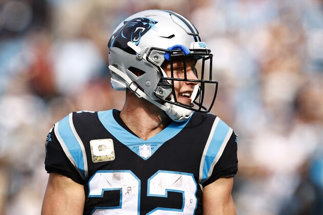 CHARLOTTE, NORTH CAROLINA - NOVEMBER 21: Christian McCaffrey #22 of the Carolina Panthers looks on during the first half of their game against the Washington Football Team at Bank of America Stadium on November 21, 2021 in Charlotte, North Carolina. (Photo by Jared C. Tilton/Getty Images)