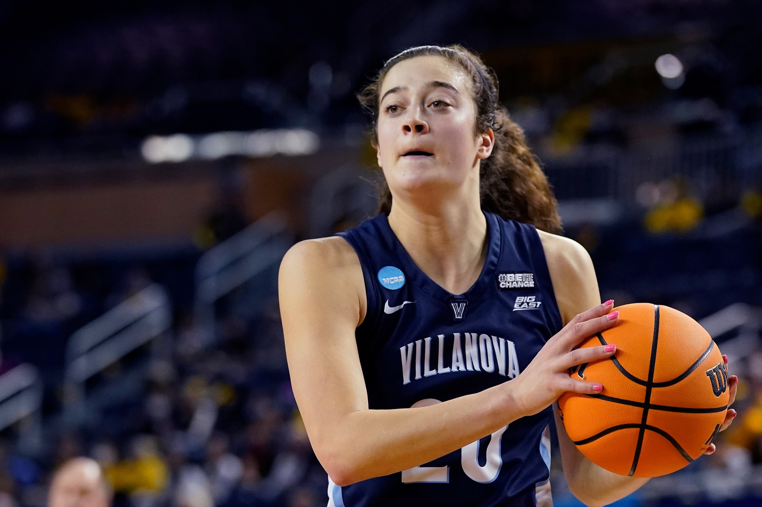 Villanova forward Maddy Siegrist plays during the second half of a college basketball game in the first round of the NCAA tournament, Saturday, March 19, 2022, in Ann Arbor, Mich. (AP Photo/Carlos Osorio)