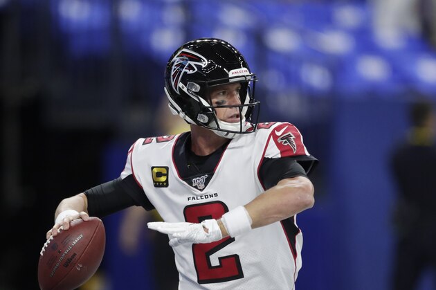 Atlanta Falcons quarterback Matt Ryan (2) throws before an NFL football game against the Indianapolis Colts, Sunday, Sept. 22, 2019, in Indianapolis. (AP Photo/Michael Conroy)