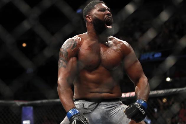 Curtis Blaydes celebrates his win over Alistair Overeem  in a heavyweight UFC 225 Mixed Martial Arts bout Saturday, June 9, 2018, in Chicago. (AP Photo/Jim Young)