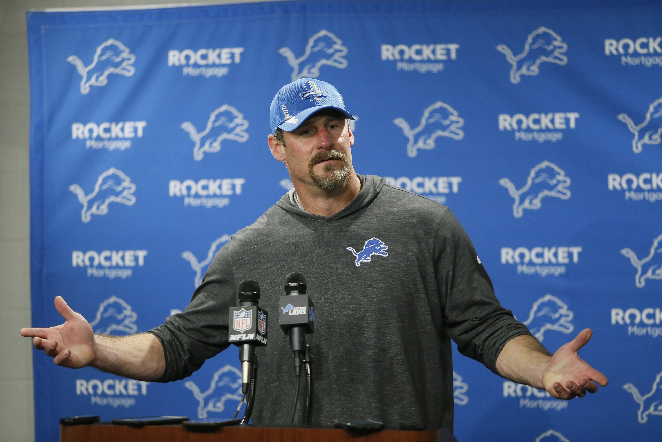 Detroit Lions head coach Dan Campbell addresses the media after an NFL football game against the Green Bay Packers, Sunday, Jan. 9, 2022, in Detroit. (AP Photo/Duane Burleson)