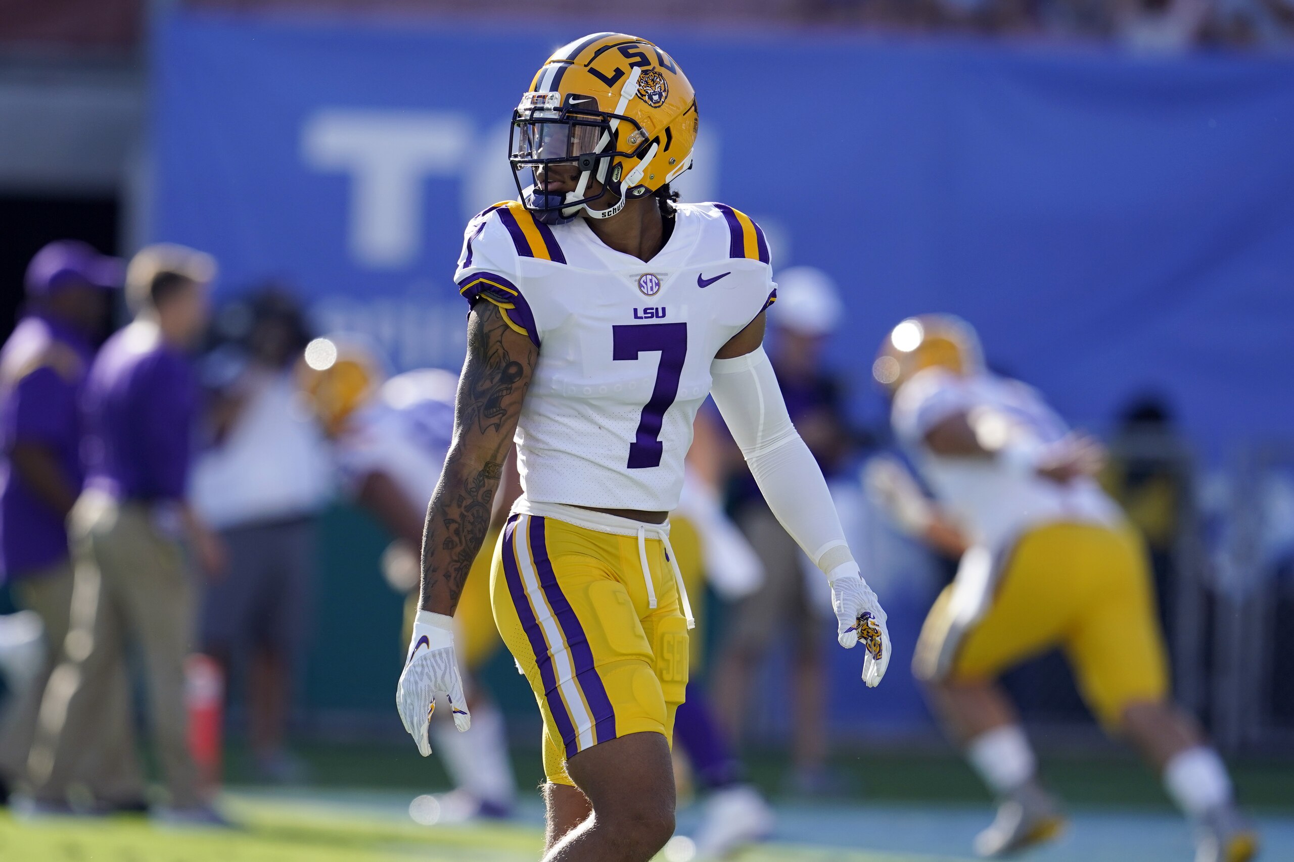 LSU cornerback Derek Stingley Jr. (7) warms up before an NCAA college football game against UCLA Saturday, Sept. 4, 2021, in Pasadena, Calif. (AP Photo/Marcio Jose Sanchez)