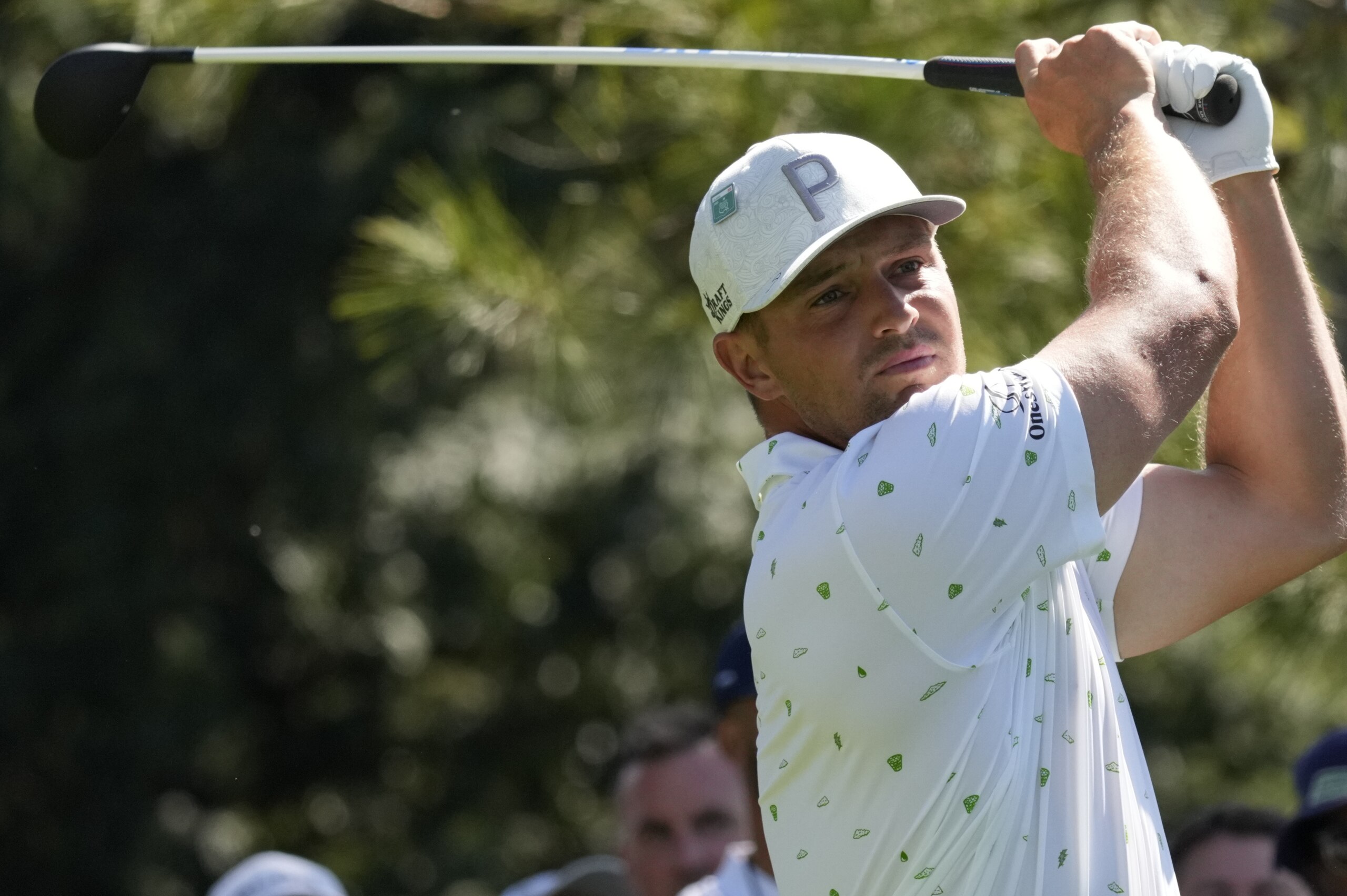 Bryson DeChambeau watches his tee shot during the first round at the Masters golf tournament on Thursday, April 7, 2022, in Augusta, Ga. (AP Photo/Charlie Riedel)