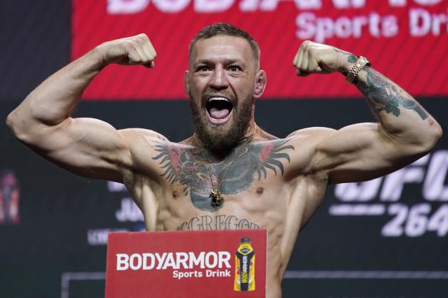 Conor McGregor poses during a ceremonial weigh-in for a UFC 264 mixed martial arts bout Friday, July 9, 2021, in Las Vegas. McGregor is scheduled to fight Dustin Poirier in a lightweight bout Saturday in Las Vegas (AP Photo/John Locher)