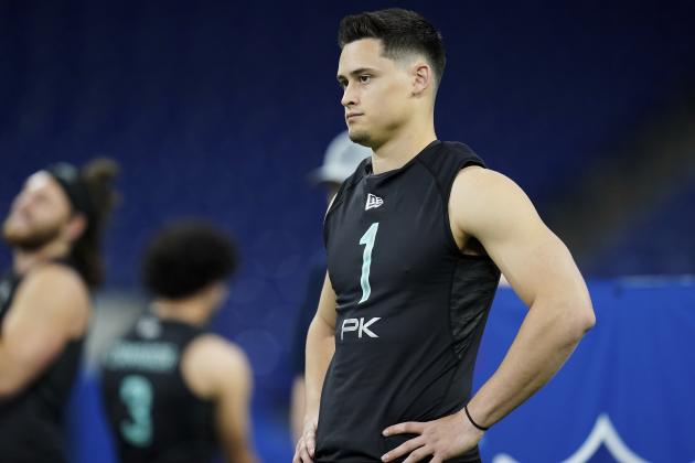 San Diego State kicker Matt Araiza (01) looks on at the NFL football scouting combine in Indianapolis, Sunday, March 6, 2022. (AP Photo/Steve Luciano)