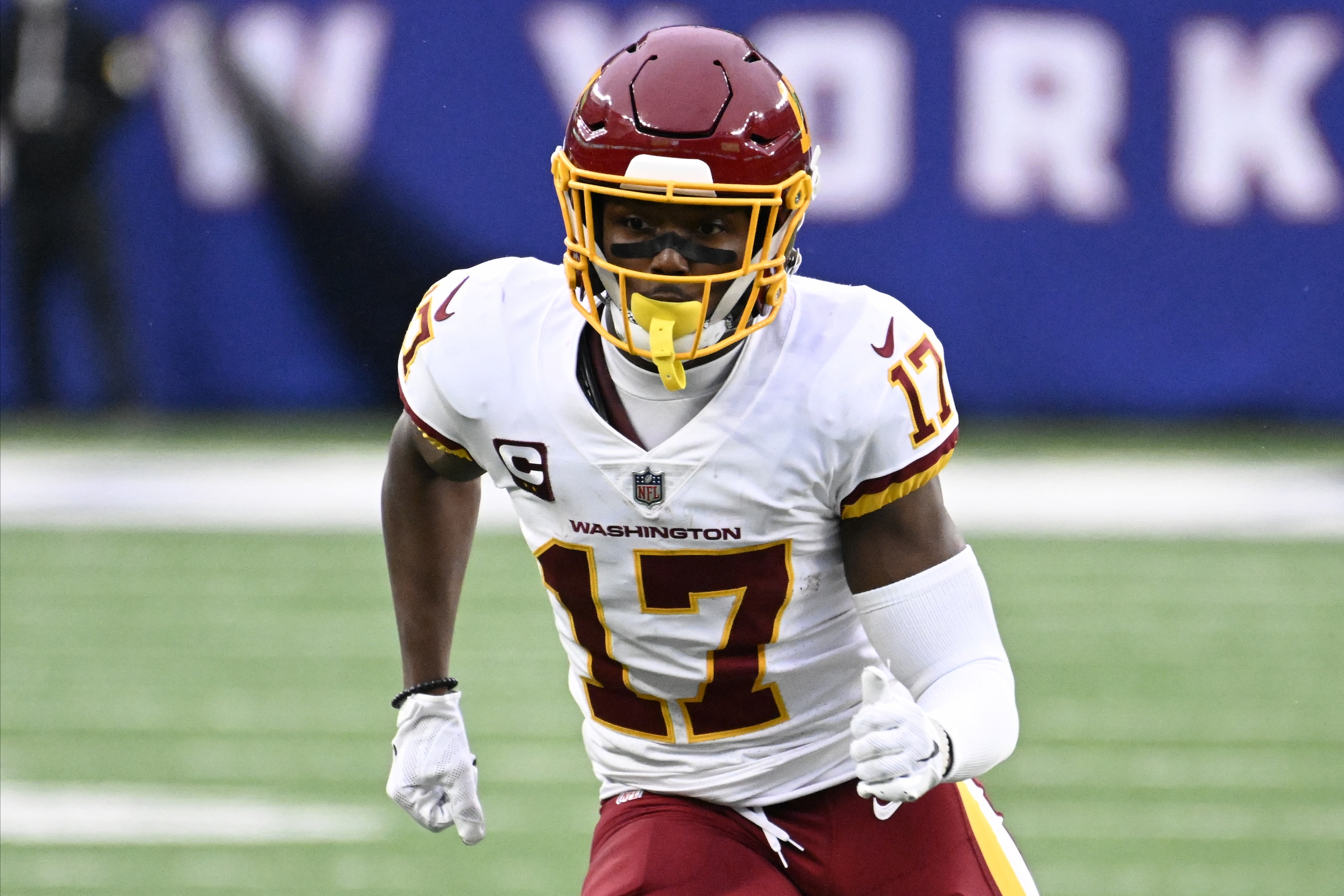 Washington Football Team wide receiver Terry McLaurin (17) during the fourth quarter of an NFL football game against the New York Giants, Sunday, Jan. 9, 2022, in East Rutherford, N.J. (AP Photo/Bill Kostroun)