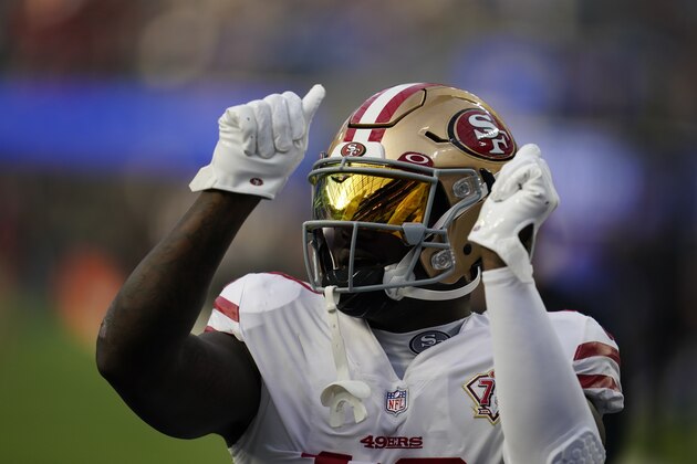 San Francisco 49ers' Deebo Samuel warms up before the NFC Championship NFL football game against the Los Angeles Rams Sunday, Jan. 30, 2022, in Inglewood, Calif. (AP Photo/Marcio Jose Sanchez)