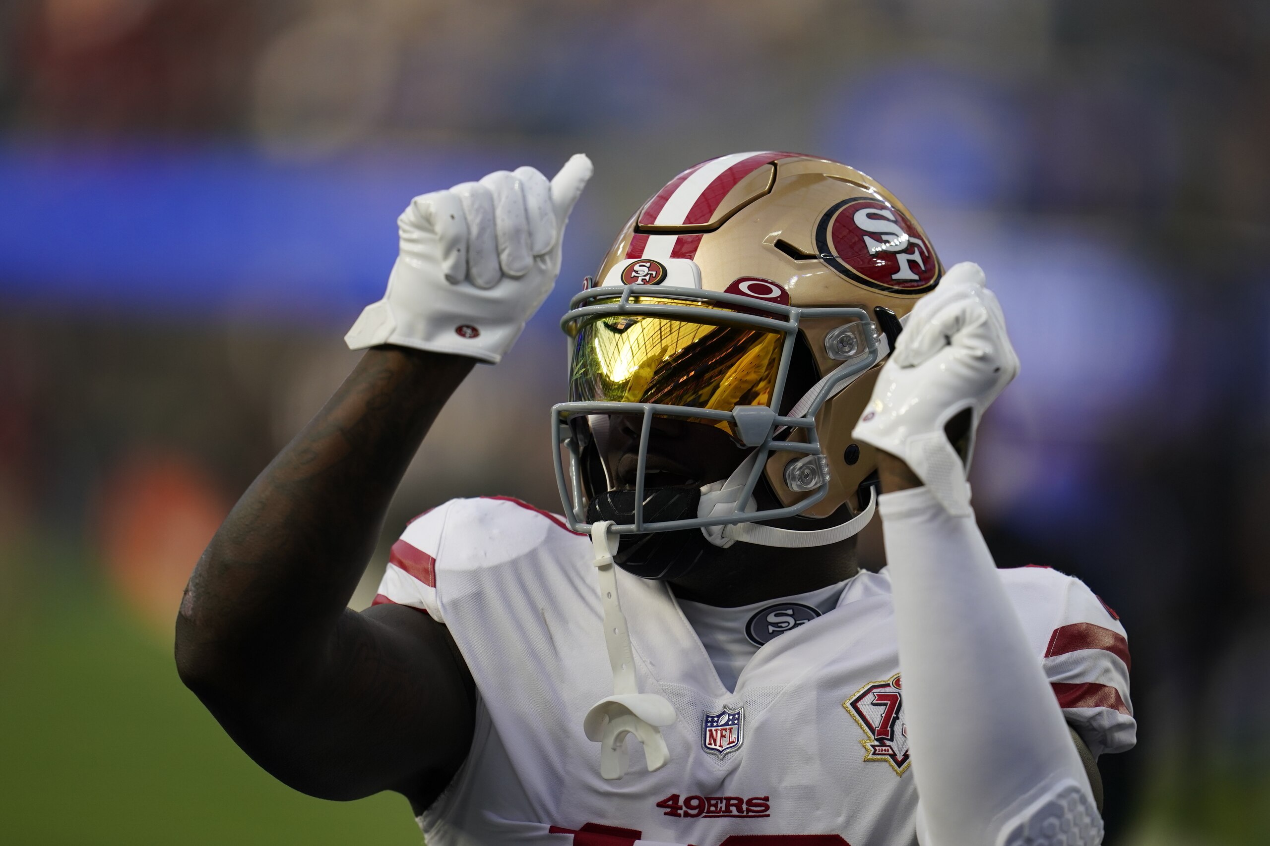 San Francisco 49ers' Deebo Samuel warms up before the NFC Championship NFL football game against the Los Angeles Rams Sunday, Jan. 30, 2022, in Inglewood, Calif. (AP Photo/Marcio Jose Sanchez) San Francisco 49ers' Deebo Samuel warms up before the NFC Championship NFL football game against the Los Angeles Rams Sunday, Jan. 30, 2022, in Inglewood, Calif. (AP Photo/Marcio Jose Sanchez)