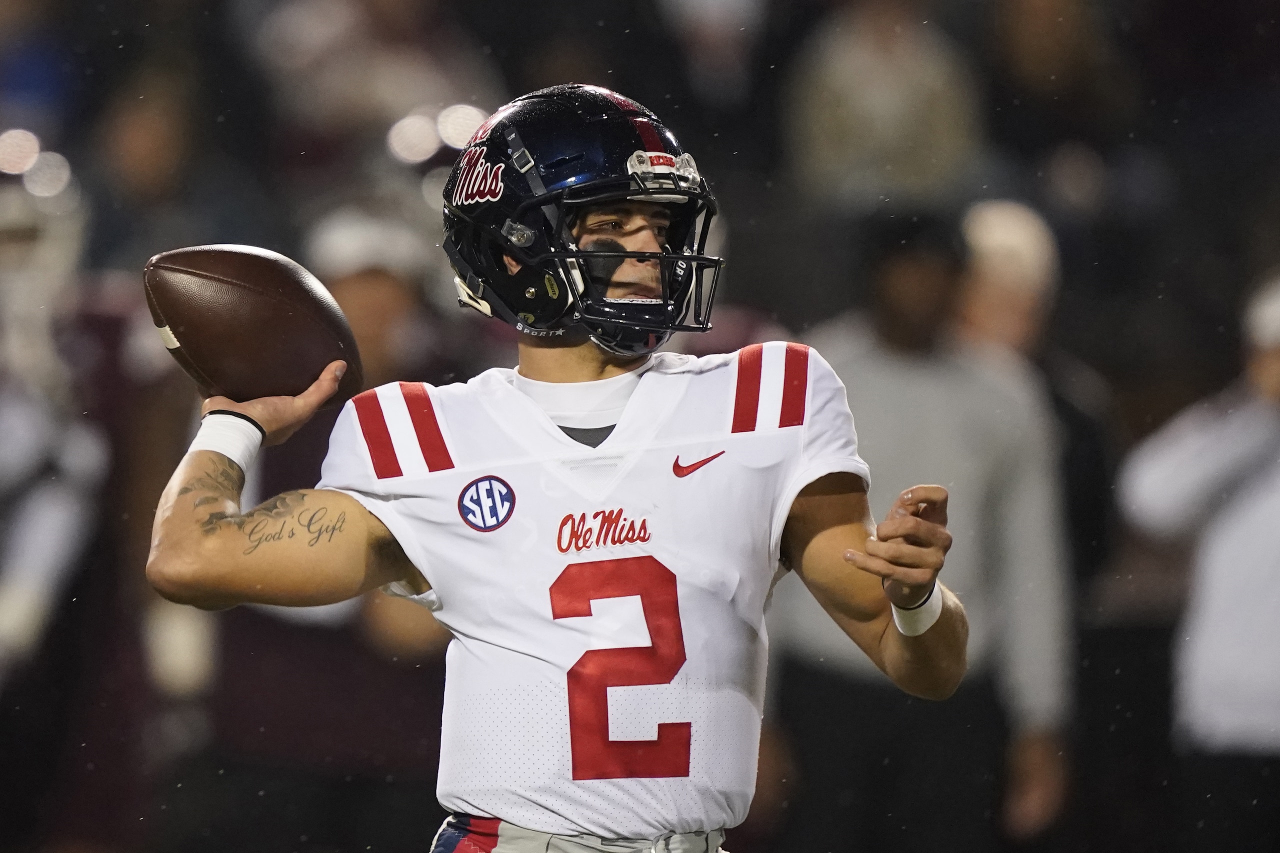 FILE - Mississippi quarterback Matt Corral (2) passes against Mississippi State during the first half of an NCAA college football game, Thursday, Nov. 25, 2021, in Starkville, Miss. The Southeastern Conference's most prolific offense clashes with one of the better defenses in the Big 12 when No. 8 Mississippi meets sixth-ranked Baylor in the Sugar Bowl. (AP Photo/Rogelio V. Solis, File) FILE - Mississippi quarterback Matt Corral (2) passes against Mississippi State during the first half of an NCAA college football game, Thursday, Nov. 25, 2021, in Starkville, Miss. The Southeastern Conference's most prolific offense clashes with one of the better defenses in the Big 12 when No. 8 Mississippi meets sixth-ranked Baylor in the Sugar Bowl. (AP Photo/Rogelio V. Solis, File)