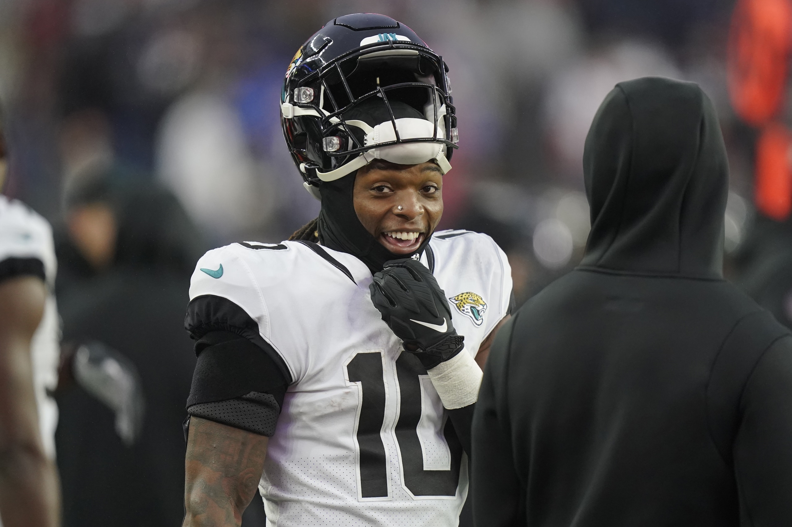 Jacksonville Jaguars wide receiver Laviska Shenault Jr. (10) on the sideline during the second half of an NFL football game, Sunday, Jan. 2, 2022, in Foxborough, Mass. (AP Photo/Steven Senne)