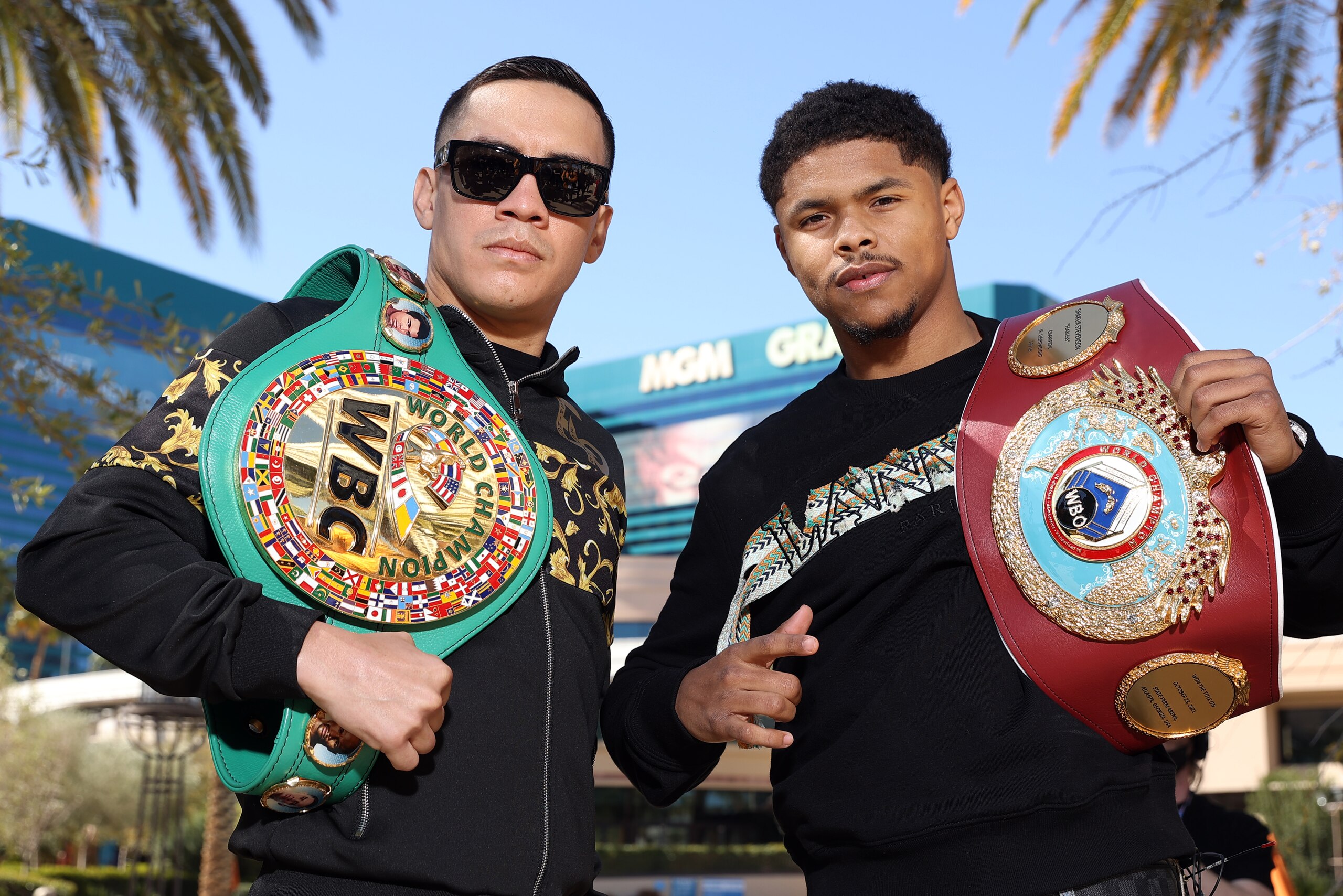 LAS VEGAS, NEVADA - MARCH 09: Oscar Valdez (L) and Shakur Stevenson (R) pose ahead of their WBC and WBO super featherweight championship at The MGM Grand Garden Arena on March 09, 2022 in Las Vegas, Nevada. (Photo by Mikey Williams/Top Rank Inc via Getty Images)