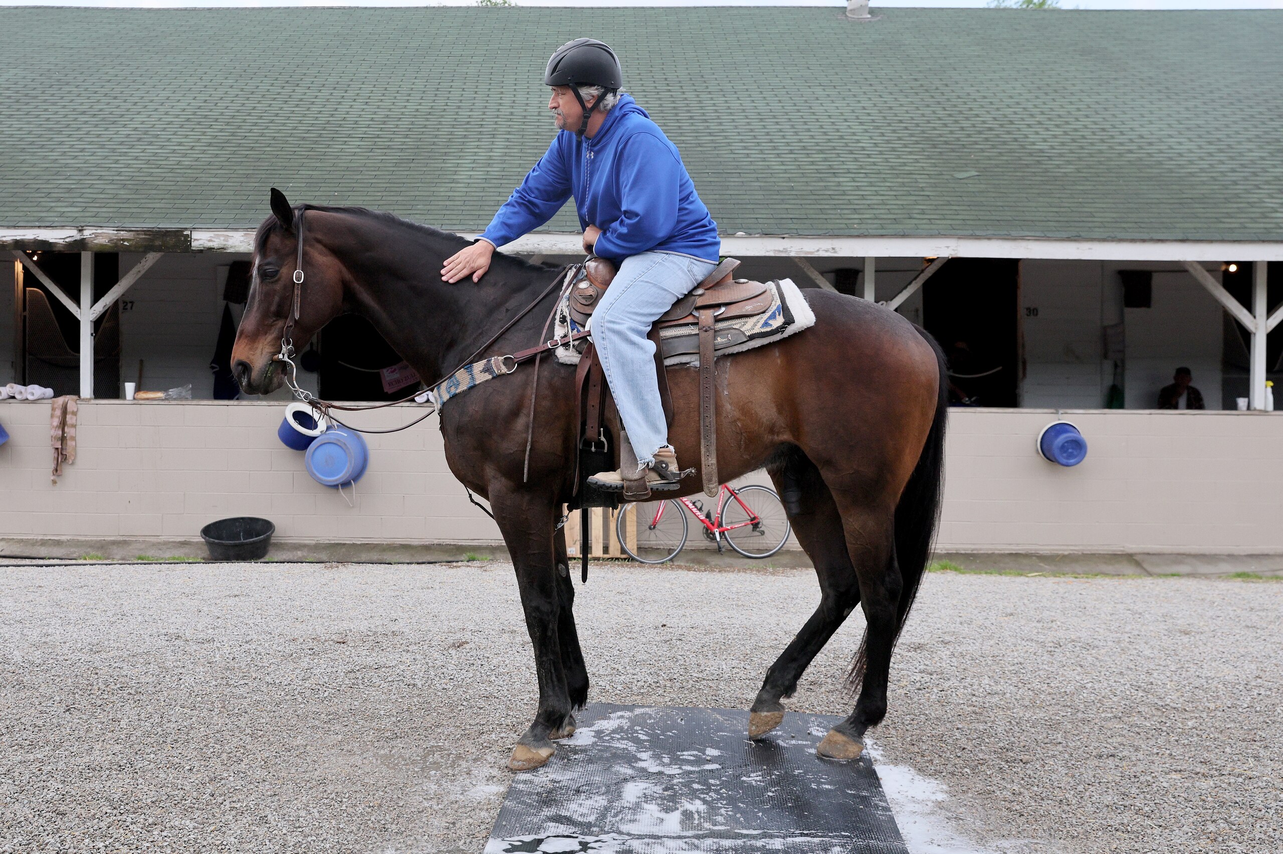 LOUISVILLE, KENTUCKY - MAY 01:  Steve Asmussen the trainer of Epicenter in the barn area during morning training for the Kentucky Derby at Churchill Downs on May 01, 2022 in Louisville, Kentucky. (Photo by Andy Lyons/Getty Images)