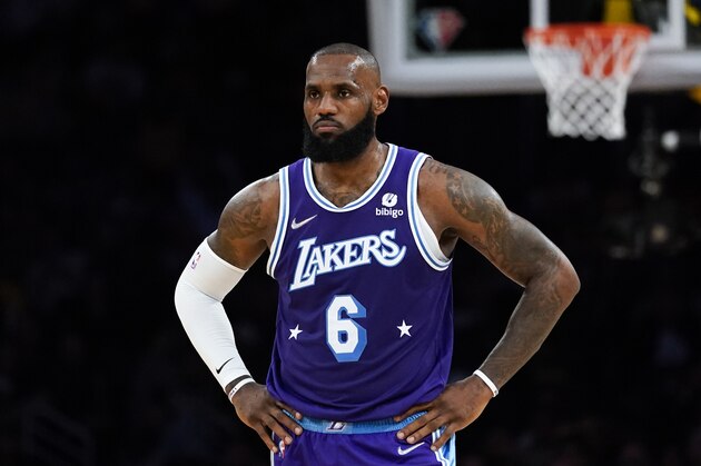 Los Angeles Lakers forward LeBron James (6) stands on the court during an NBA basketball game against the New Orleans Pelicans in Los Angeles, Friday, April 1, 2022. (AP Photo/Ashley Landis)
