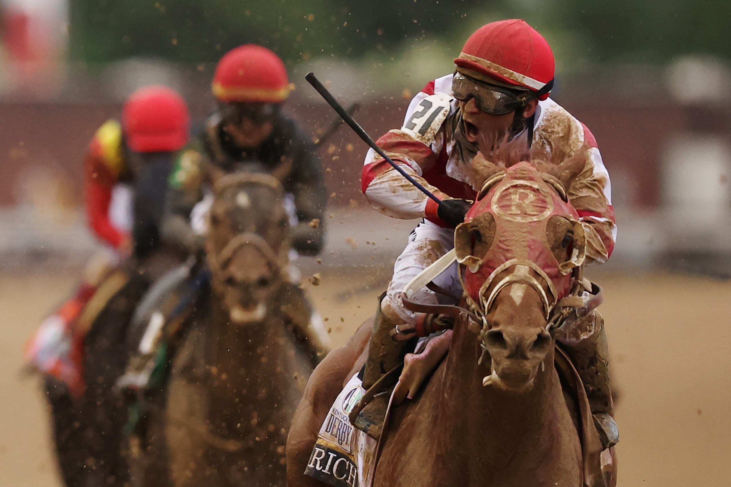 LOUISVILLE, KENTUCKY - MAY 07: Jockey Sonny Leon reacts as Rich Strike wins the 148th running of the Kentucky Derby at Churchill Downs on May 07, 2022 in Louisville, Kentucky. (Photo by Ezra Shaw/Getty Images)