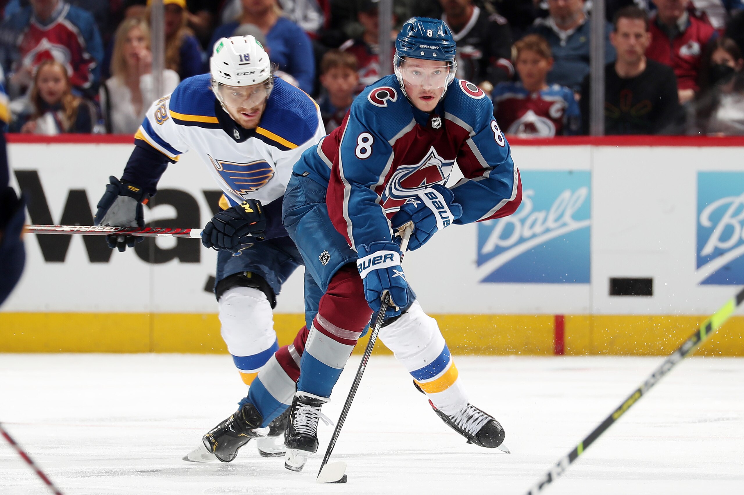 DENVER, COLORADO - MAY 19: Cale Makar #8 of the Colorado Avalanche skates against the St. Louis Blues in Game Two of the Second Round of the 2022 Stanley Cup Playoffs at Ball Arena on May 19, 2022 in Denver, Colorado. (Photo by Michael Martin/NHLI via Getty Images)