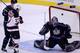 New Jersey Devils' Scott Niedermayer (27) watches the puck get past Los Angeles Kings goalie Cristobal Huet of France on a goal by the Devils' John Madden during the first period at Staples Center in Los Angeles, Tuesday, Nov. 25, 2003. (AP Photo/Chris Pi