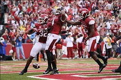 Wide receiver Keon Hatcher celebrates a touchdown against Texas A&M.