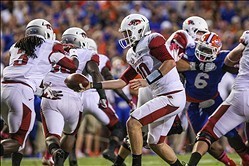 QB Brandon Allen hands it off to RB Alex Collins