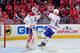 Montreal Canadiens goaltender Peter Budaj and forward Ryan White celebrate a victory over the Washington Capitals.