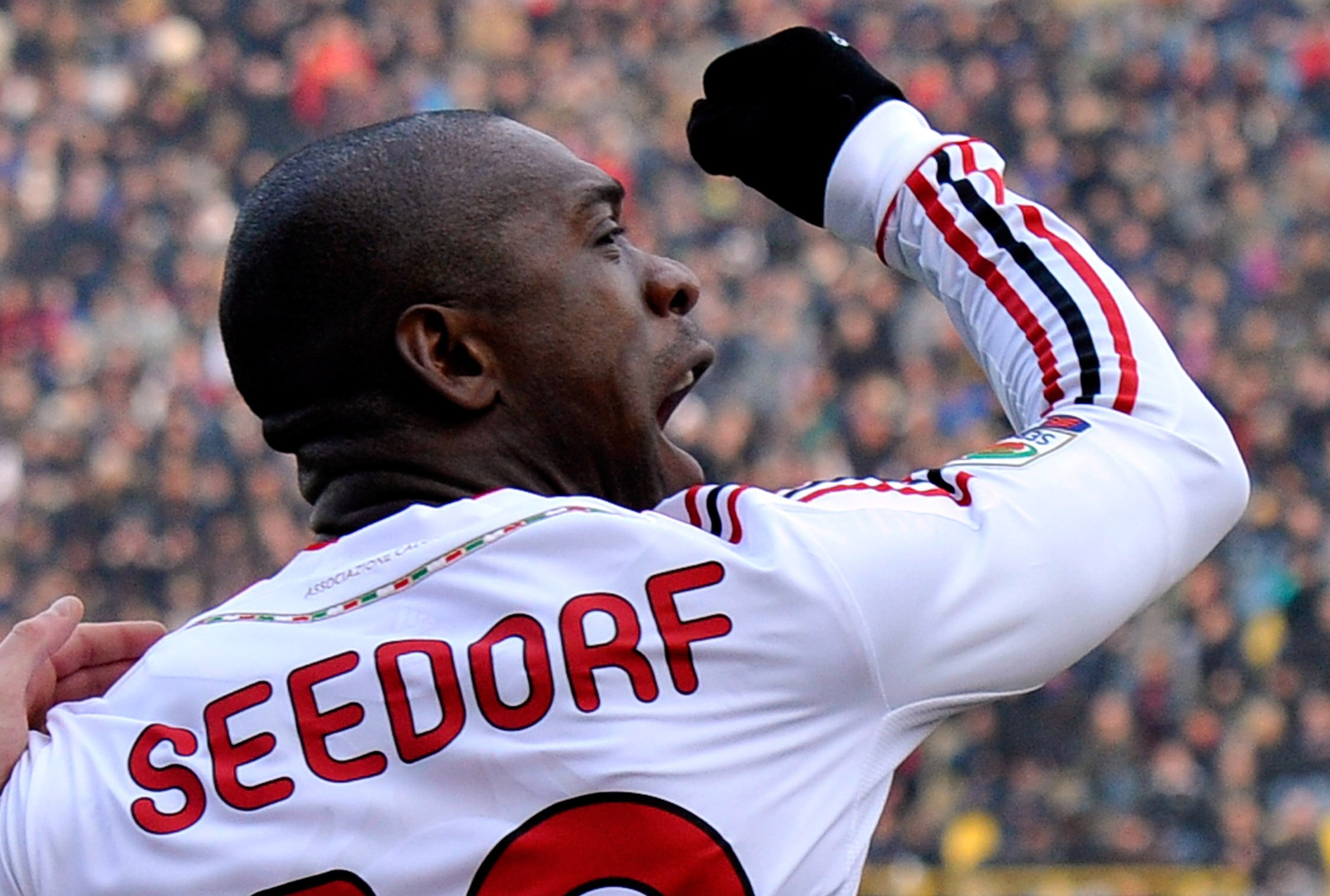  Clarence Seedorf celebrates a goal while playing for Inter Milan in a Serie A match.