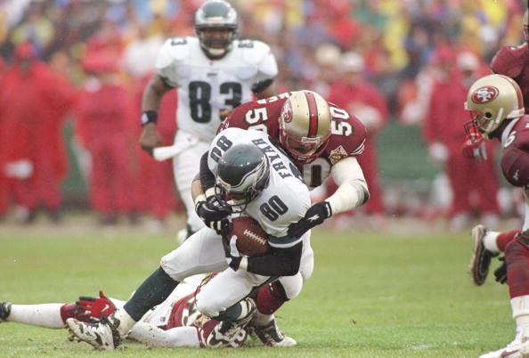 San Francisco, California, USA. 17th Sep, 1995. San Francisco 49ers vs. New  England Patriots at Candlestick Park Sunday, September 17, 1995. 49ers beat  Patriots 28-3. San Francisco 49ers linebacker Gary Plummer (50)