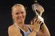 Caroline Wozniacki holds the trophy in Luxembourg 2013.