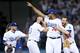 Kenley Jansen (74) and Brian Wilson (second from left) will lead the Dodger bullpen.