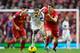 Joe Allen in action against former club Swansea City this season.