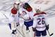 Montreal Canadiens goaltenders (from left) Dustin Tokarski, Peter Budaj and defenseman Josh Gorges.