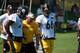 Mike Munchak provides instruction to David DeCastro during linemen drills.