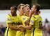 Roberto Soldado's Spurs team-mates congratulate him after the Spaniard scored against Schalke.