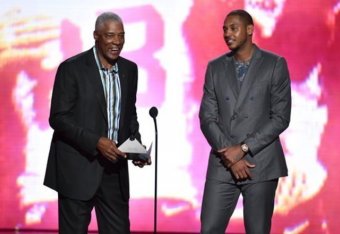 Carmelo's slimmer frame showed when he presented at the ESPYs with another tall drink o' water, Dr. J.