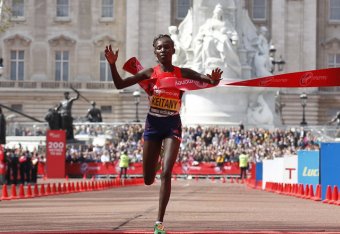 Mary Keitany taking the tape at the London Marathon 2012
