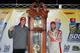 Crew chief Steve Letarte (left) with Dale Earnhardt Jr. and Martinsville winner's trophy