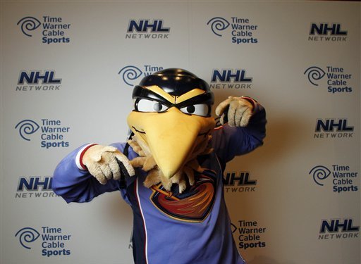 The Atlanta Thrashers mascot Thrash interacts with fans during the