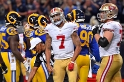 Nov 1, 2015; St. Louis, MO, USA; San Francisco 49ers quarterback Colin Kaepernick (7) reacts from the field against the St. Louis Rams during the first half at the Edward Jones Dome. Mandatory Credit: Jasen Vinlove-USA TODAY Sports