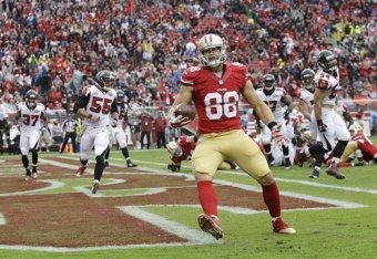 Tight end Garrett Celek hauled in two touchdowns in the first half.