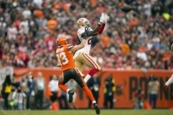 Dec 13, 2015; Cleveland, OH, USA; San Francisco 49ers strong safety Jaquiski Tartt (29) makes an interception on a pass intended for Cleveland Browns wide receiver Brian Hartline (83) during the second quarter at FirstEnergy Stadium. Mandatory Credit: Sco