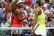 Naomi Osaka, left, and Madison Keys shake hands after a match at the 2016 U.S. Open