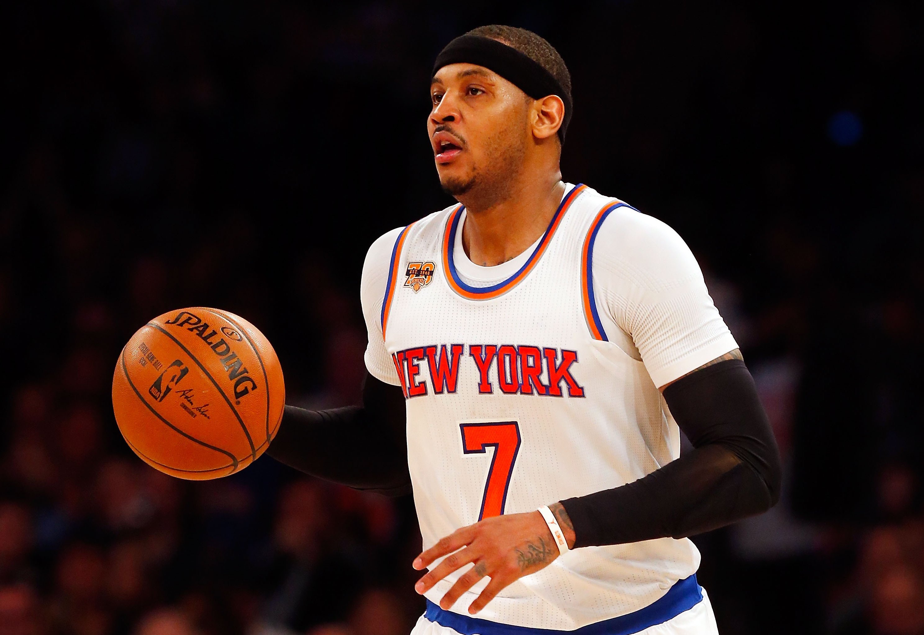 Oklahoma City Thunder forward Carmelo Anthony brings the ball up court  during the second quarter of an NBA basketball game against the New York  Knicks Saturday, Dec.16, 2017, at Madison Square Garden