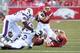 Jaylon Ferguson (45) tees up a Razorback ball-carrier.